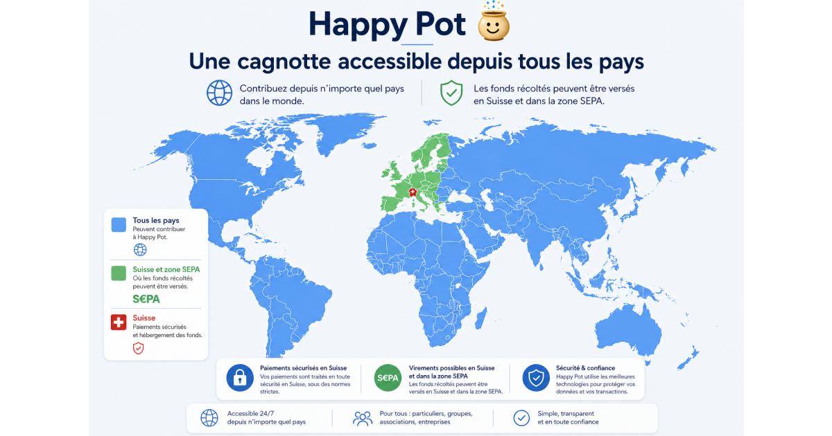 Mappa del mondo che mostra una raccolta fondi Happy Pot accessibile da tutti i paesi con pagamenti sicuri in Svizzera e SEPA