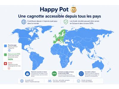 Mappa del mondo che mostra una raccolta fondi Happy Pot accessibile da tutti i paesi con pagamenti sicuri in Svizzera e SEPA