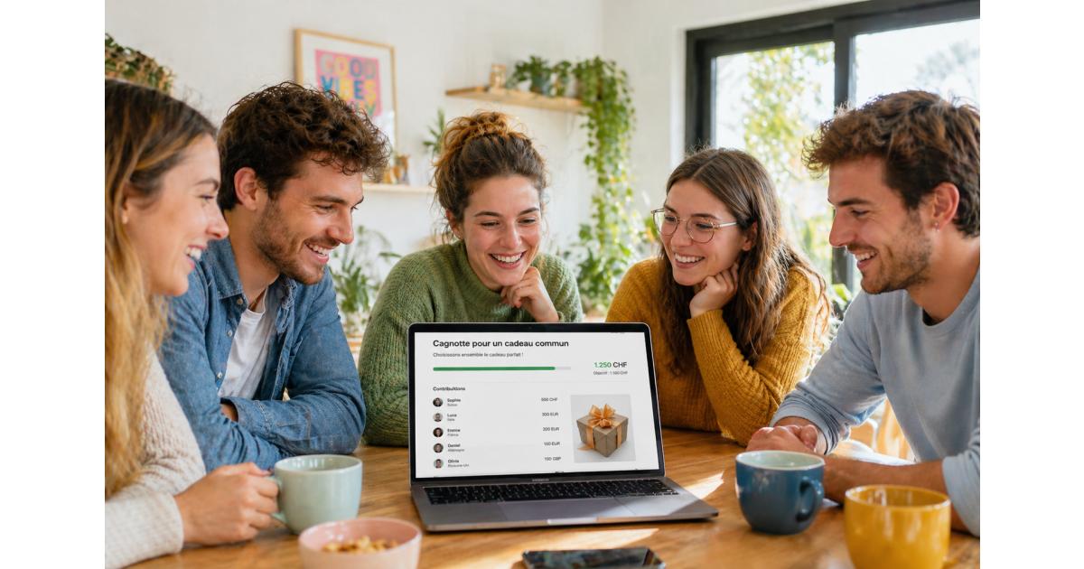 Gruppe in der Schweiz wählt ein gemeinsames Geschenk über eine Sammelkasse mit internationalen Beiträgen