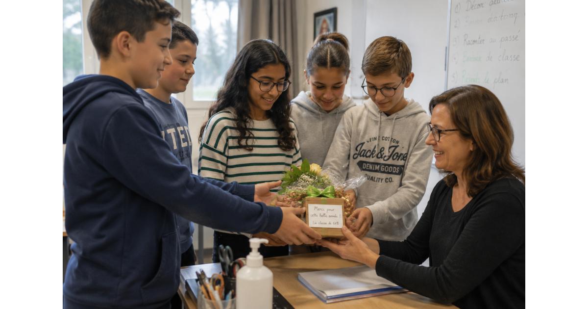 Parents d’élèves discutant de l’organisation d’un cadeau collectif pour un enseignant en fin d’année scolaire en Suisse