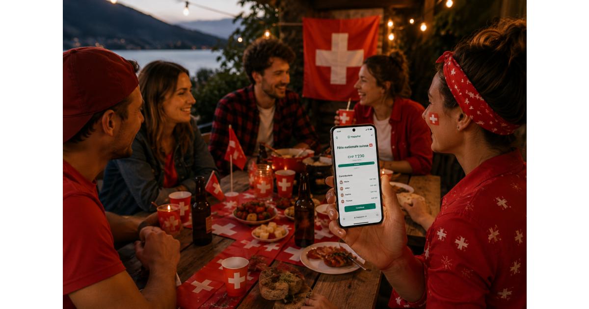 Des amis célèbrent une fête suisse conviviale pendant qu’une cagnotte HappyPot est utilisée pour organiser les contributions et les dépenses de l’événement.