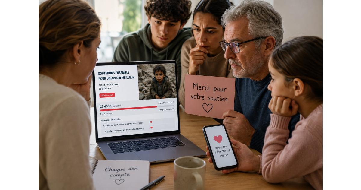 Personnes soutenant une cause urgente grâce à une cagnotte en ligne et des dons solidaires sur internet.