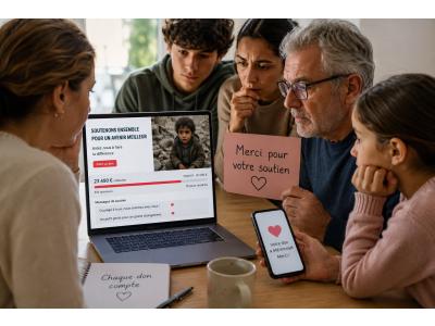 Personnes soutenant une cause urgente grâce à une cagnotte en ligne et des dons solidaires sur internet.