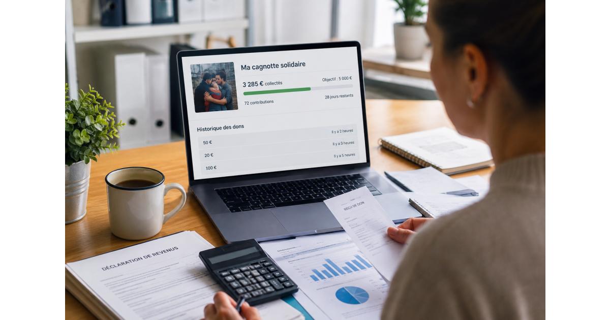 Personne vérifiant les aspects fiscaux et administratifs d’une cagnotte en ligne sur ordinateur portable