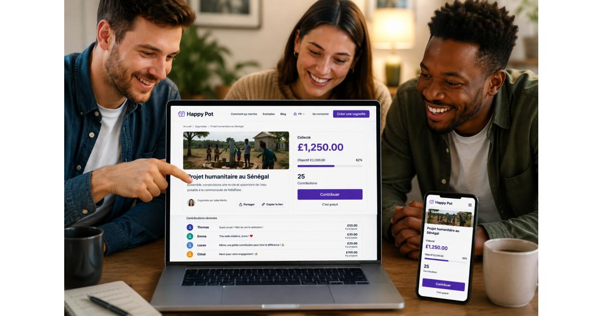 Personnes participant à une cagnotte en ligne en livres sterling sur Happy Pot pour financer un cadeau commun ou un projet international.