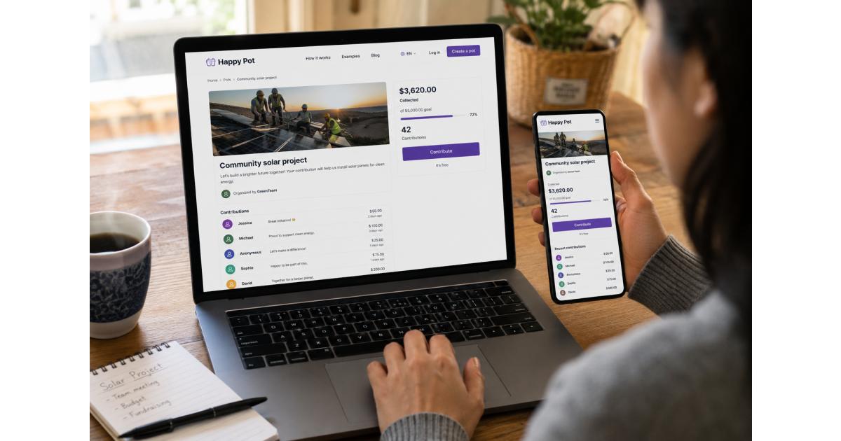 Personnes participant à une cagnotte en ligne en dollars sur Happy Pot pour financer un cadeau commun ou un projet international.