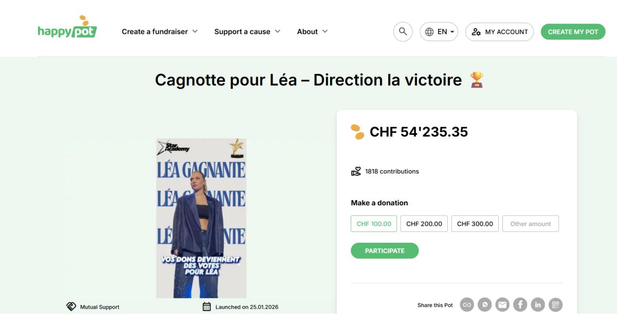 Cagnotte Happy Pot des supporters de Léa Doffey à la Star Academy, près de 100 000 CHF collectés pour soutenir la candidate.