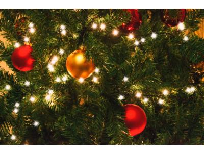  Christmas tree with red and gold ornaments, symbolising generosity and Christmas money pots in Switzerland